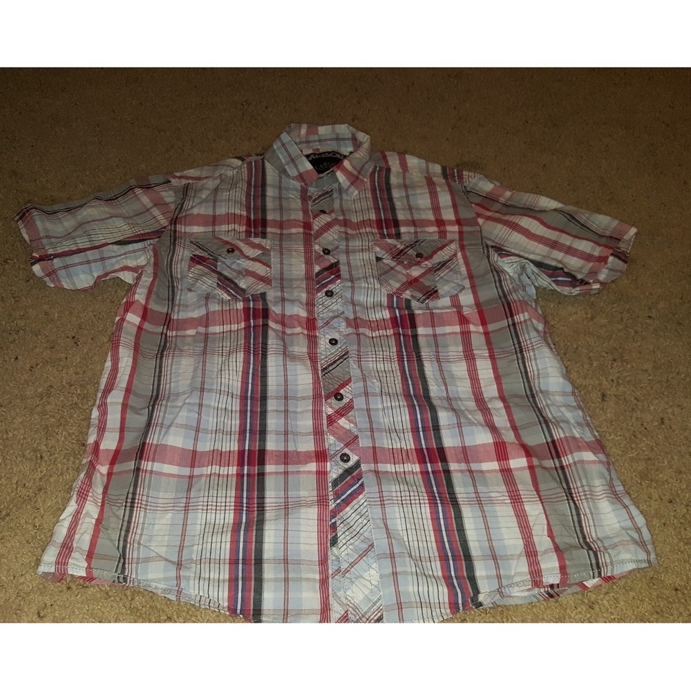 Men's Carbon Gray Red white Plaid Button Down Short Sleeve Shirt Sz large